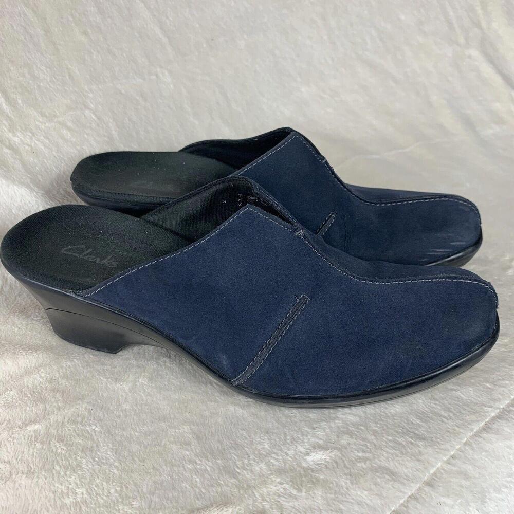 Clarks Womens Leather Center Beam Comfort Mules with Wedge Heel Size 5 READ​​